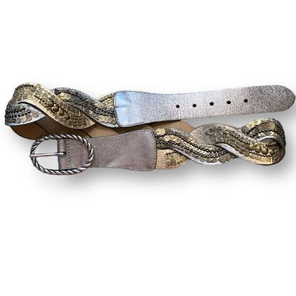 Vintage Statement Belt Metallic Silver Gold Braided Leather Sequins Beads Boho - Picture 1 of 8